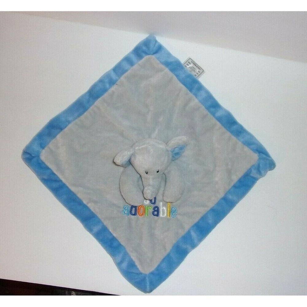 Baby Essentials So Adorable Elephant Security Blanket Blue Gray Satin 12"x12"